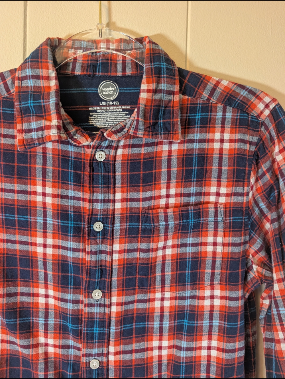 Wonder Nation Boys Plaid Button Front Shirt Red Blue Cotton Size Large 10-12